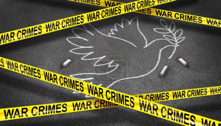 Kriegsverbrecher-Konzept und Konzept des Internationalen Strafgerichtshofs als globale Kriegsgesetze und krimineller Tatort mit einer Taubenkreide, die eine 3D-Illustration zeichnet.