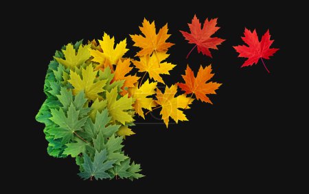 Kognitive Funktionseinbußen bei psychischen Erkrankungen oder Alzheimer als Hirngesundheitssymbol mit einem menschlichen Kopf aus grünen Blättern, der sich als alternder Geist in fallendes Herbstlaub verwandelt.
