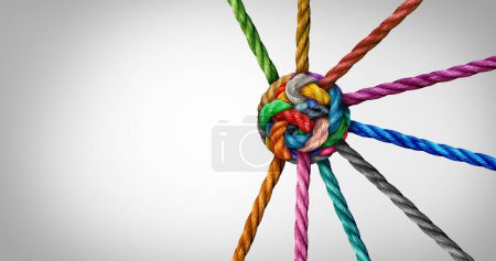 Collective Effort Integration and Unity with teamwork concept as a business metaphor for joining a partnership synergy and cohesion as diverse ropes connected together in interdependence.