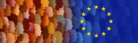 Union européenne Questions d'immigration et réfugiés et migrants de l'UE en provenance d'Afrique et du Moyen-Orient ou d'autres parties du monde déchiré par la guerre en tant que demandeurs d'asile en tant qu'Euro migration dans un style d'illustration 3D.