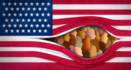 Diversidad americana e inmigración estadounidense o población diversa de Estados Unidos como ciudadanía estadounidense o concepto comunitario como bandera con personas multiculturales en un estilo de ilustración 3D.