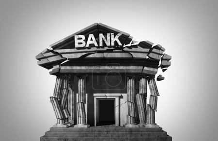 Effondrement bancaire et fonctionnement de la banque et volatilité Crise ou système de crédit mondial s'endettant comme concept d'instabilité financière ou d'insolvabilité ou problème de liquidité comme illustration 3D.