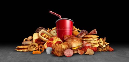 Dickmacher Junk Food als gebratenes Essen Hamburger Limonaden mit Gesundheitsrisiken wie Fettleibigkeit und Diabetes als gebratene Lebensmittel mit hohem Anteil an ungesunden Fetten auf schwarzem Hintergrund mit 3D-Illustrationselementen.