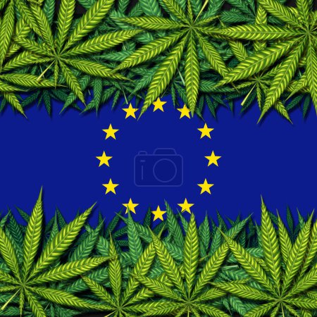 European Cannabis and legalization EU Marijuana design as a Medical weed symbol for medicinal pot as a symbol of European Union drug legislation in a 3D illustration style.