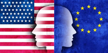 Die Beziehungen zwischen den Vereinigten Staaten und der Europäischen Union zu geopolitischen Fragen der EU und der USA oder wirtschaftliche Herausforderungen wie Exporte und Importe zwischen den beiden Ländern wie Washington und Brüssel in einem 3D-Illustrationsstil.