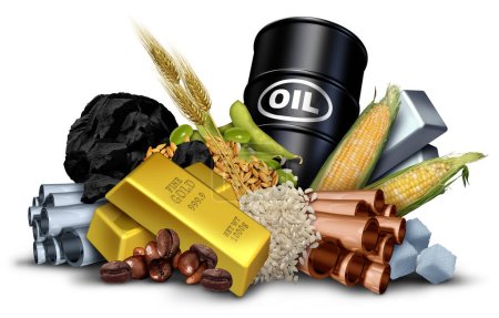 Commodity Business And Commodities und ökonomische Güter und natürliche Ressourcen oder Waren, die als Börsenhandel als Rohöl-Kaffeebohnen-Kupfergold mit 3D-Illustrationselementen gehandelt oder getauscht werden.