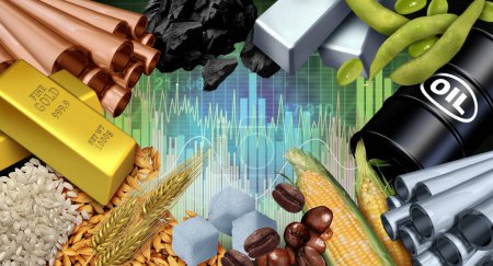 Rohstoffe und Wirtschaftsgüter und natürliche Ressourcen oder Waren, die als Börsenhandel gehandelt oder getauscht werden, wie Rohöl Kaffeebohnen Kupfergold mit 3D-Illustrationselementen.