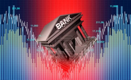 Global Banking Default und Bankenkrise oder als Banken, die mit finanzieller Instabilität oder Insolvenzkonzept in Schulden versinken, als dringendes Geschäfts- und globales Marktproblem als 3D-Illustration.