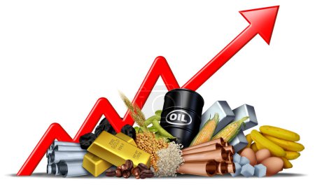 Aumento de los precios de los productos básicos y mayor precio de los productos básicos o aumento de los bienes económicos y los recursos naturales como un mercado de valores como granos de café de petróleo crudo oro de cobre con elementos de ilustración 3D.