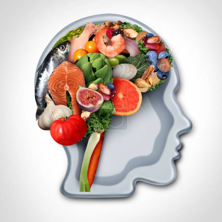 Demenz und mediterrane Ernährung als traditionelle Ernährungsweise, die auf der Küche Griechenlands, Italiens, Spaniens und der Türkei als gesundes, unverarbeitetes Gehirnfutter basiert, um neurologische Erkrankungen mit 3D-Elementen zu bekämpfen.