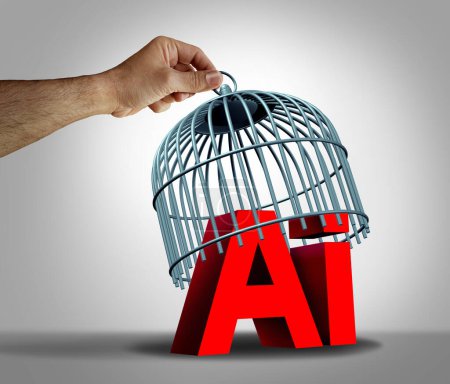 Protective Barrier To AI Technology als Sicherheitsprotokolle und Schutzmaßnahmen für künstliche Intelligenz, um Risiken im Zusammenhang mit computergestütztem maschinellem Lernen als 3D-Illustration zu verringern