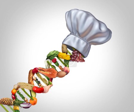 Culinary Genomics or Nutrigenomics and nutritional genetics as food science with ingredients shaped as a double helix DNA strand for nutrient intake and Human health with 3D illustration elements.