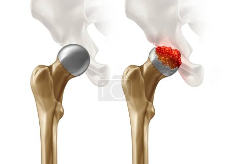 Femoral Head Disease and osteonecrosis or avascular necrosis and aseptic necrosis with a healthy hip compared to an osteoarthritis damaged pelvic joint in a 3D illustration style.