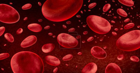 Blood cells Background and Hematology with blood as a concept of the immune system through immunology as microscopic biology hemoglobin symbol inside the human body as a 3D illustration.