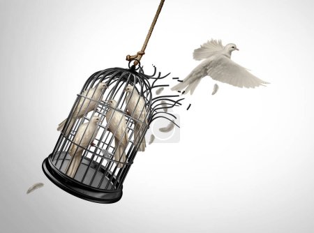 Grenzen durchbrechen und Freiheitskonzept als Vogel, der einem Käfig mit gefangenen Vögeln entkommt, als Symbol für Individualismus und Zielstrebigkeit mit Zuversicht, mit 3D-Illustrationselementen erfolgreich zu sein.