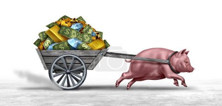 Financial greed and Inflation or Greedflation as a selfish hungry Pig character as a greedy business symbol hoarding money and profits or the pork industry and agriculture symbol with 3D illustration elements.
