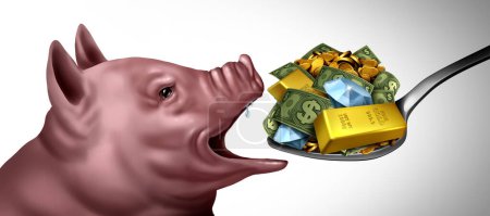 Gier Inflation oder Gier als egoistisch hungrige Schweinefigur als gieriges Geschäftssymbol, das Geld hortet und Profite als Symbol für wirtschaftlichen Exzess und Gier mit 3D-Illustrationselementen.