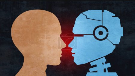 Automatisation humaine et robotique ou robotique Remplacement des humains en tant que technologie et perte d'emploi traditionnelle en tant qu'employés remplacés par l'IA ou les robots dans un style d'illustration 3D. 