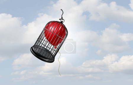 overcoming or overcome limitations and restrictions as a cage obstacle being lifted by a balloon as a metaphor for taking control and successor or journey and determination as a 3D illustration.