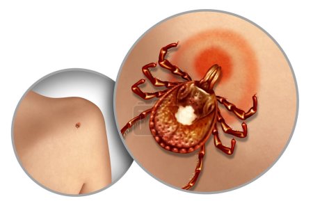 Lone Star Tick auf der Haut als Krankheit und infektiöse Zecken, die Infektionen verbreiten, als Gesundheitsgefahr mit einem Biss eines Parasiten, der Infektionen verursacht in einem 3D-Illustrationsstil.