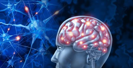 Neurologie des menschlichen Gehirns und kognitive Nervenendigungen als anatomisches medizinisches Symbol eines Kopfes mit feuernden und leuchtenden Neuronen, die neurologische Funktionen im Zusammenhang mit Gedächtnis und mentaler Gesundheit zeigen.