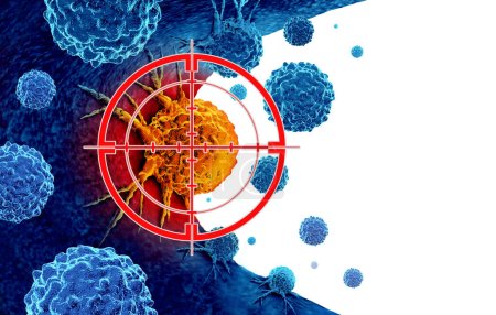 Krebsdiagnose und Krankheitserkennung oder -screening als Behandlung bösartiger Zellen mit einer Biopsie oder durch Karzinogene verursachten Tests und Genetik mit einer Krebszelle als Immuntherapie-Symbol als 3D-Darstellung.