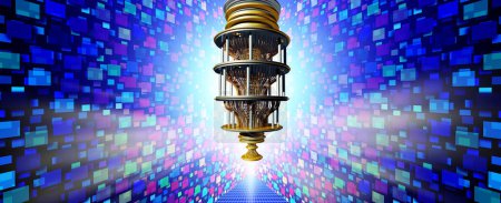 Quantenrechnen und Quanten-Supercomputer als Computer der Zukunft als 3D-Illustration.
