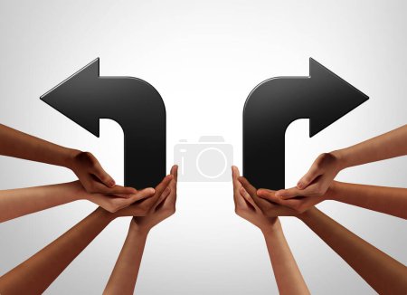 Two Choices as a business metaphor and decision or decide on a direction and choice as social choices in an ideology conflict or community groups divided society as right and left political or politics with 3D style elements.