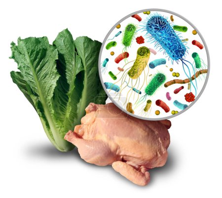 Foodborne illness pathogen and bacteria and germs on raw poultry or leafy green vegetables and the health risk of ingesting contaminated food with e coli or salmonella as a safety concept with 3D render elements.