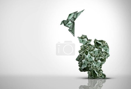 Finanzberatungskonzept und Smart Money als US-Währung oder Bargeld als Geschäftsidee mit einem Origami-Fliegen als Metapher für Unternehmensgewinn und Wirtschaftsstrategie und Investitionserfolg.