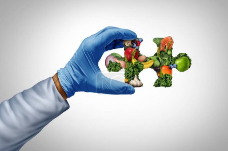 Food Science Lösungen als Ernährungswissenschaftler oder Wissenschaftler mit Nährstoffen und Lebensmitteln als Lösung für ein Puzzle aus Ernährung und Kalorienzufuhr als diätetisches Gesundheitskonzept für Wohlbefinden und Verdauung Fitness.