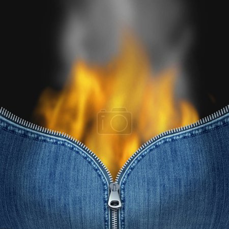 Fat Burning Concept et diarrhée douleur ou régime à l'aide de médicaments ou de pilules contre l'obésité et coupe-faim ou maux d'estomac et d'ulcère comme une fermeture éclair ouverte sur les jeans brûlants avec des éléments 3D.