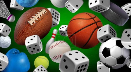 Sportwetten und Sportwetten oder Online-Sportereignisse Glücksspiel wie Fußballwetten und Draft Picks oder Basketball- und Hockeywetten mit Würfeln und 3D-Illustrationselementen.