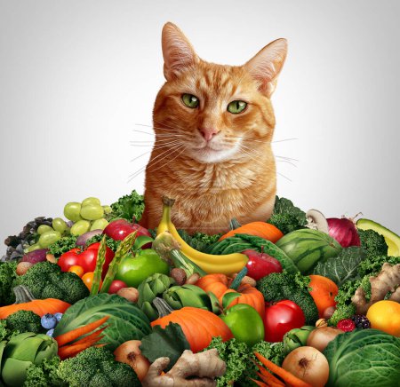 Cat Vegan Diet and health benefits of cats eating fruits and vegetables for plant-based diets as a green alternative meal for feline pets as green veggies with nutrients through plant additives.