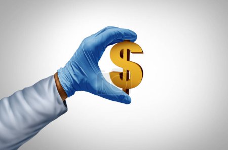 Kosten des Gesundheitswesens und der Krankenversicherung oder Arztkosten und Krankenhausrechnung als Arzt oder Ärztin, die ein Symbol des Geldes mit 3D-Illustrationselementen in der Hand hält.