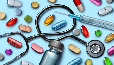 Médecine Contexte et médicaments Symbole médical de la santé ou des soins de santé en tant qu'hôpital ou pharmacie et thème Pharma en tant que pilules et produits thérapeutiques en tant que vaccins représentant l'industrie pharmaceutique pour soulager la douleur en tant qu'antidépresseurs en illustration 3D.