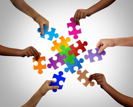 Inclusion and equity as a diversity symbol of belonging and collaborative trust as diverse people uniting together a puzzle with a variety of jigsaw pieces as an inclusive concept with 3D illustration style elements.