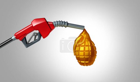 Petróleo y guerra como estación de servicio de gasolineras que representan combustible y luchan en conflictos globales que resultan en el aumento de los precios de la gasolina y el aumento o aumento del petróleo crudo y la energía fósil como ilustración 3D.