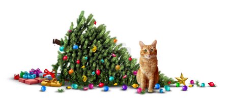 Lustige Katze und spitzbübisches Kätzchen als Weihnachtsbaum-Missgeschick als humorvolles Weihnachtskätzchen mit schuldhaftem Gesichtsausdruck neben einem gefallenen verzierten Evergreen als saisonales Grußsymbol für ausgelassene Freude.