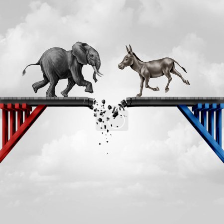 Zusammenbruch der Überparteilichkeit in Amerika als Elefant und Esel in einem Zusammenbruch der Zusammenarbeit und politischen Ideologie kollidieren mit einer zerbrochenen Brücke des Kompromisses und Vertrauens.