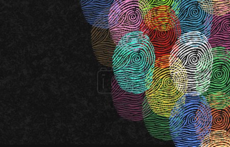 Diverse Identity Design group of multicolored fingerprints together as a beautiful tapestry of humanity as core values of creativity diversity inclusion belonging and multiculturalism or forensics icon.