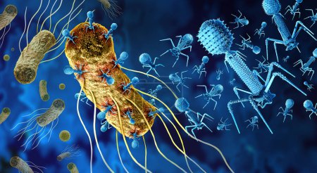 Phagen und Bakteriophagen greifen Bakterien als Virus an, das Bakterien infiziert als bakterielles Virologie-Symbol als Pathogen, der bakterielle Infektionen als Bakteriophagen-Hintergrund angreift.