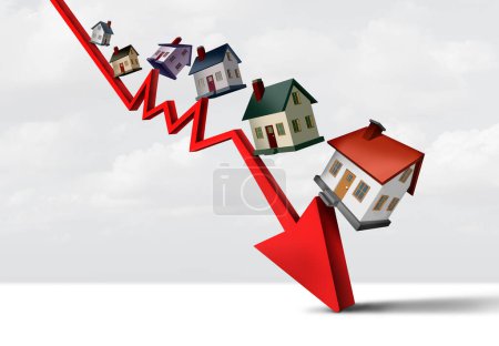 Falling House Prices and Home prices fall and Real Estate decline or Home price reduction and housing devalued market and mortgage Subprime lending financial turbulence and house debt crisis as an economic recession.