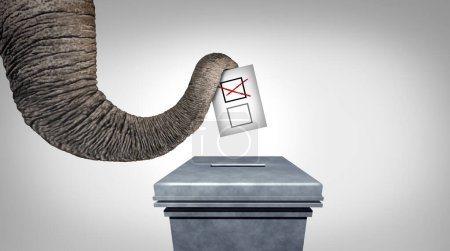 Right wing Conservative vote as an elephant casting a vote at a ballot box representing US conservatives or American right-wing traditional values and republican voters during a presidential election or Primary leadership contest.
