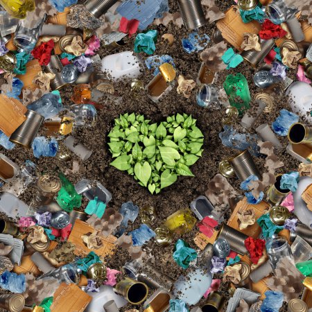 Liebe zum Recycling und Recycling globaler Müll für die Umwelt und Müllkonzept oder Abfallmanagement-Ikone mit alten Papier-Glas-Metall- und Kunststoff-Haushaltsprodukten, die recycelt und als herzförmige Anlage wiederverwendet werden.