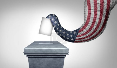 Vote conservateur américain comme éléphant avec le drapeau américain à une urne représentant les conservateurs américains ou les électeurs républicains de droite lors d'une élection présidentielle ou d'une course à la direction primaire.