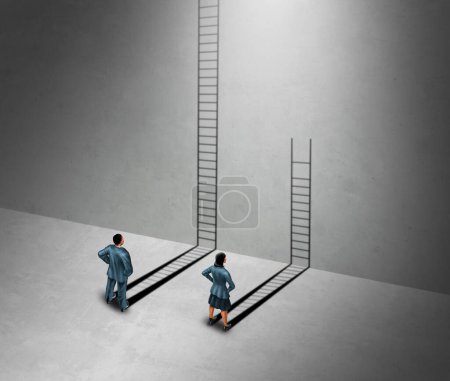 Gender Inequality and sex discrimination or sexism for being female concept as a woman and a man as a ladder metaphor for unfair gender bias.