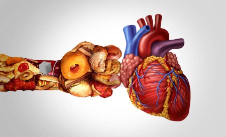 Ungesunde Ernährung Herzinfarkt als Junkfood oder hohes Cholesterin Fastfood treffen das menschliche Herz-Kreislauf-Organ hart, das Krankheiten wie Arteriosklerose oder koronare Herzkrankheit verursacht.