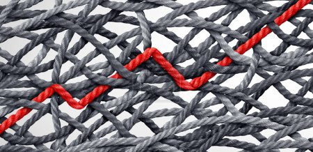 Die Überwindung der Verwirrung Für den Erfolg und den Erfolg durch eine komplizierte Verwicklung mit verworrenen Verbindungen als überlappende Seile mit einem roten Seil, das auf ein Ziel ausgerichtet ist.