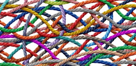 Conexiones complicadas de enredo como solapamiento de diversas cuerdas que representan desafíos en los negocios y en la vida.